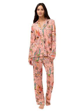 Johnny Was Delphina Carly Pj Set Long Ocean Home Lounge Sleepwear Pink 2 pc NEW